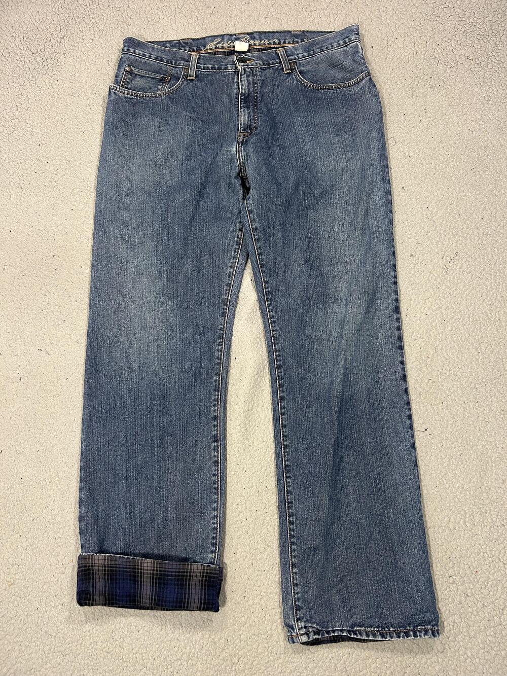 Eddie Bauer Jeans Mens 36x32 Blue Flannel Lined Relaxed Straight Denim Warm